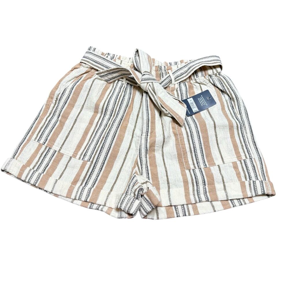 Lucky Brand Cream Tan Striped Paperbag Shorts Linen Blend XS Boho Summer Pockets